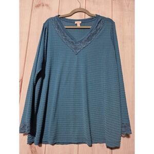 LOGO Layers Pajama Top Womens‎ 1X Blue Waffle Knit Lace Long Sleeve Sleepwear